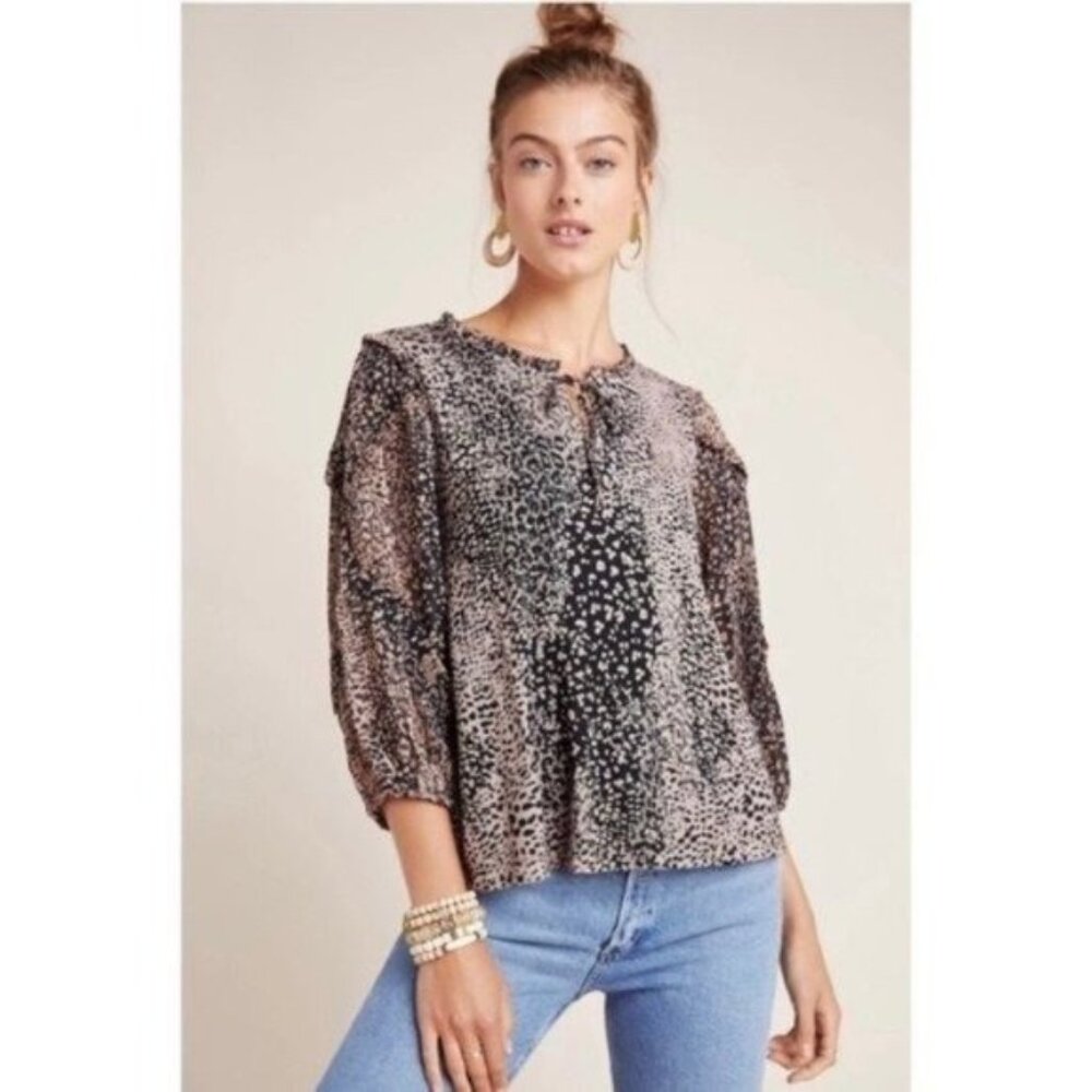 Anthropologie Maeve Metallic Blouse Balloon Sheer Sleeves